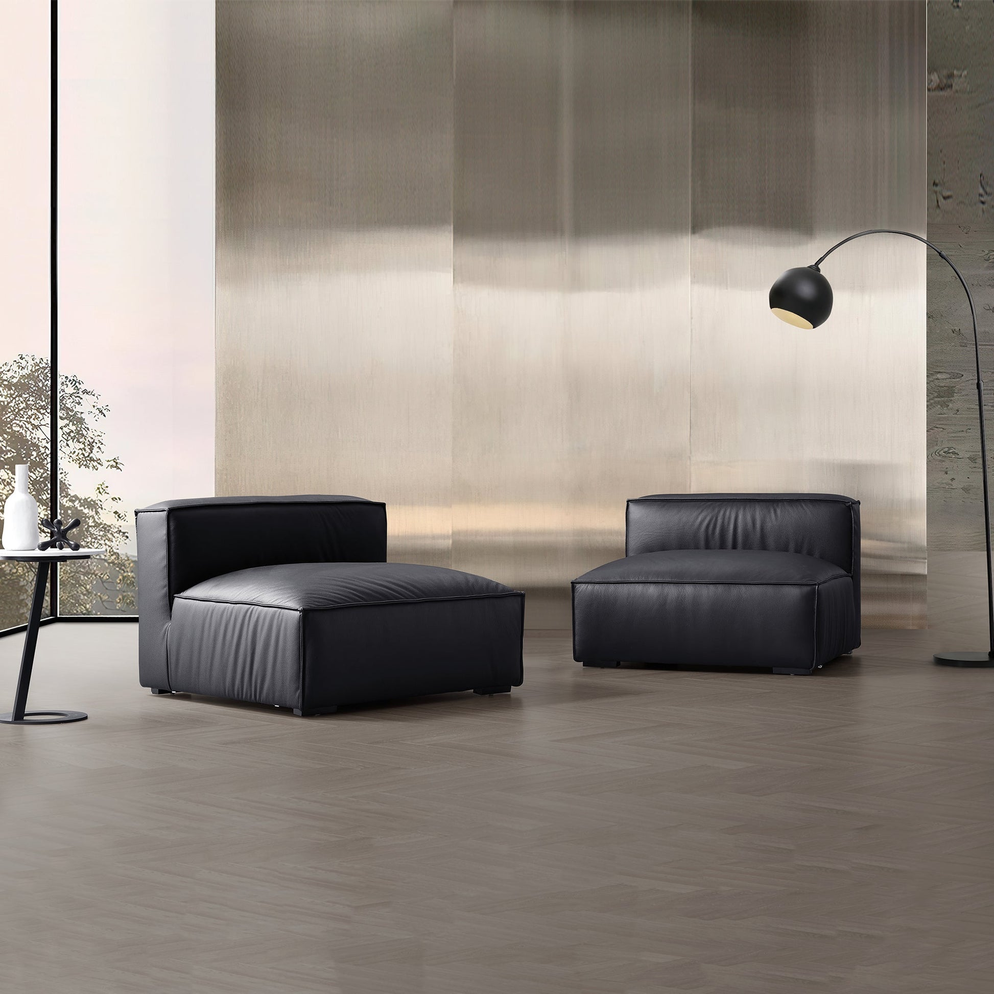 Luxury Minimalist Black Leather Sectional-Black