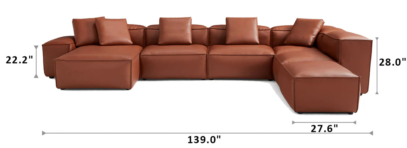 Cube Modular Brown Genuine Leather U-Shaped Sectional with Ottoman