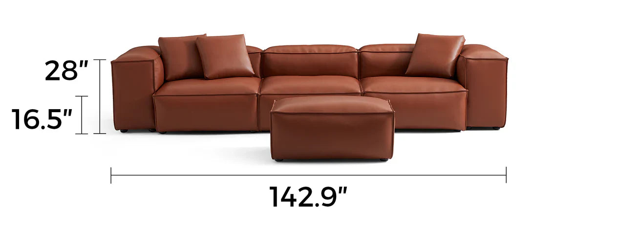 Cube Modular Brown Genuine Leather Sofa with Ottoman