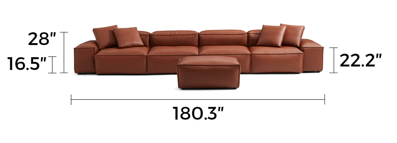 Cube Modular Brown Genuine Leather Sofa with Ottoman