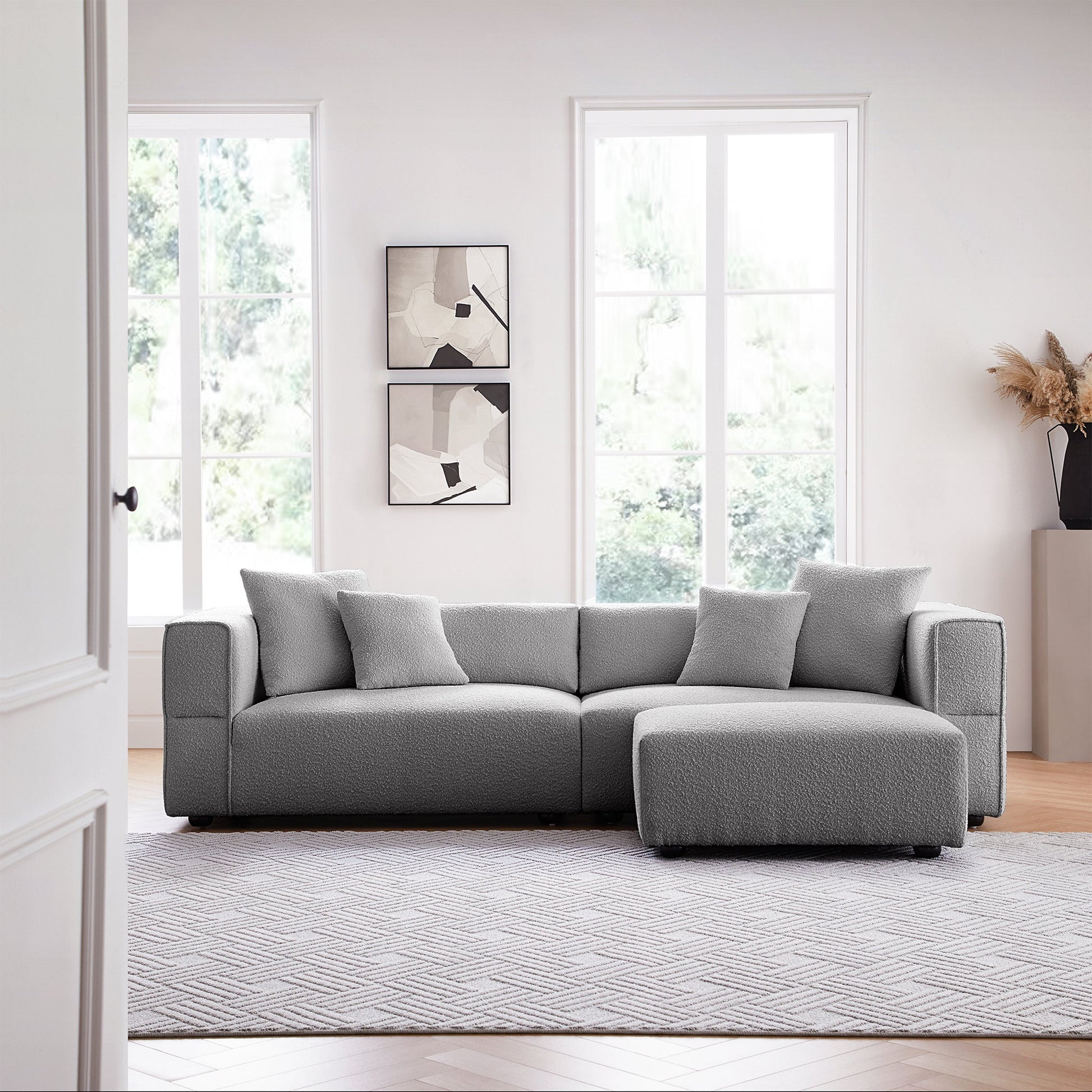 Nordic Modern Creamy Sofa with Ottoman-Gray