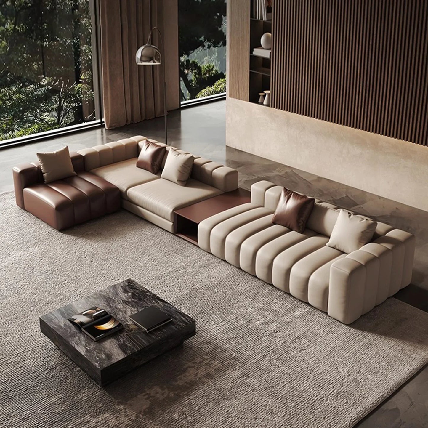 Piano L-Shaped Leather Sectional Sofa with Coffee Table