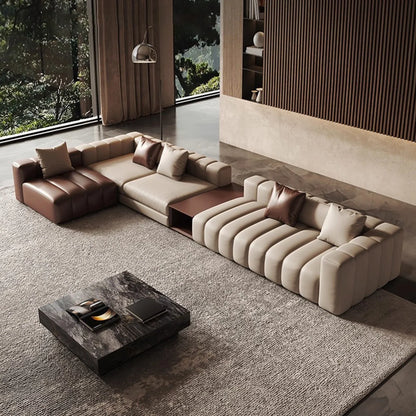 Piano L-Shaped Leather Sectional Sofa with Coffee Table