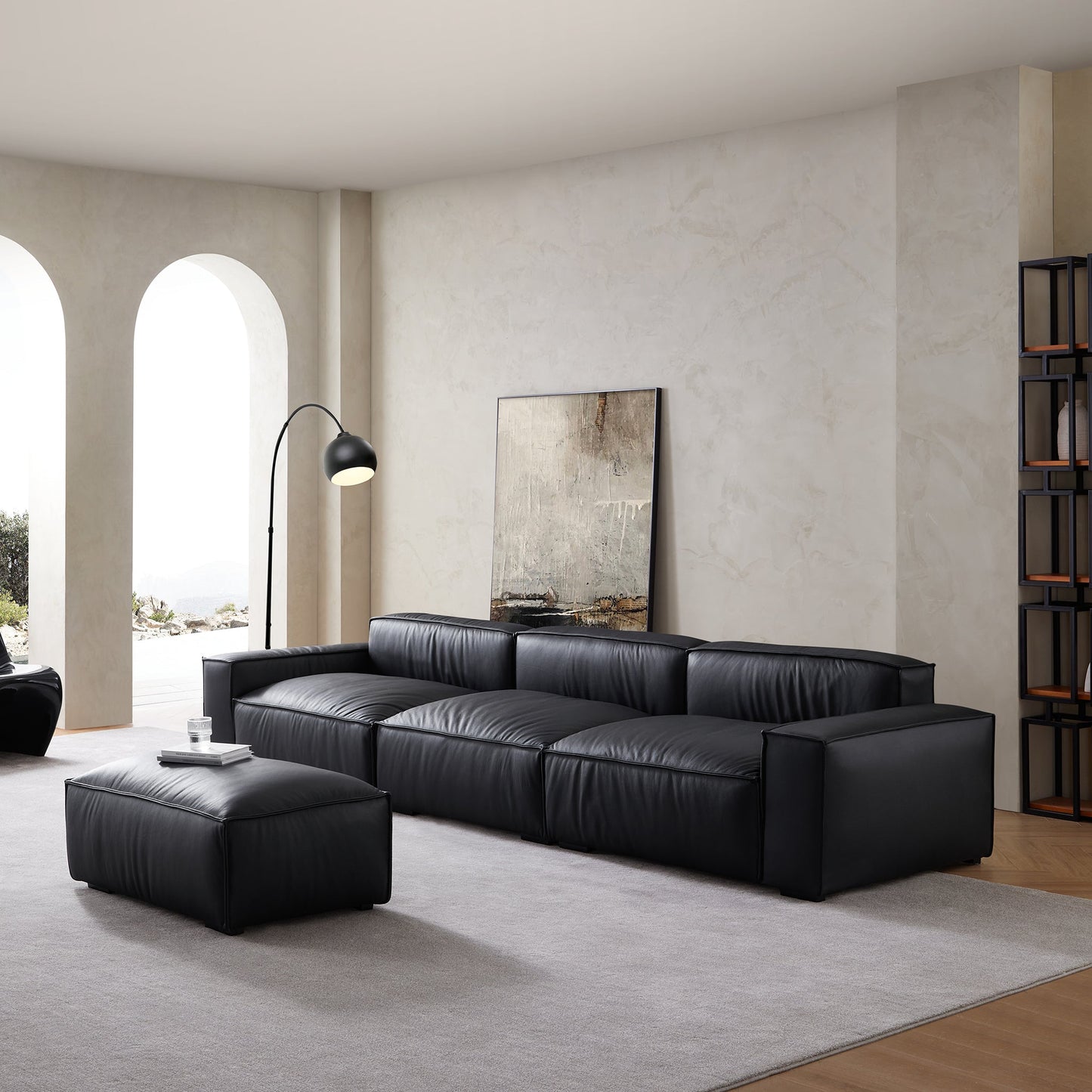 Luxury Minimalist Dark Brown Leather Sofa and Ottoman-Black
