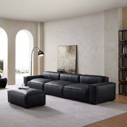 Luxury Minimalist Dark Brown Leather Sofa and Ottoman-Black