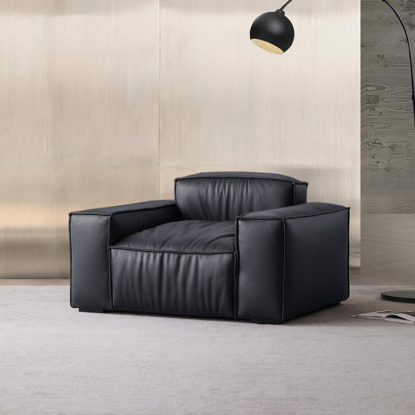 Luxury Minimalist Dark Brown Leather Armchair-Black