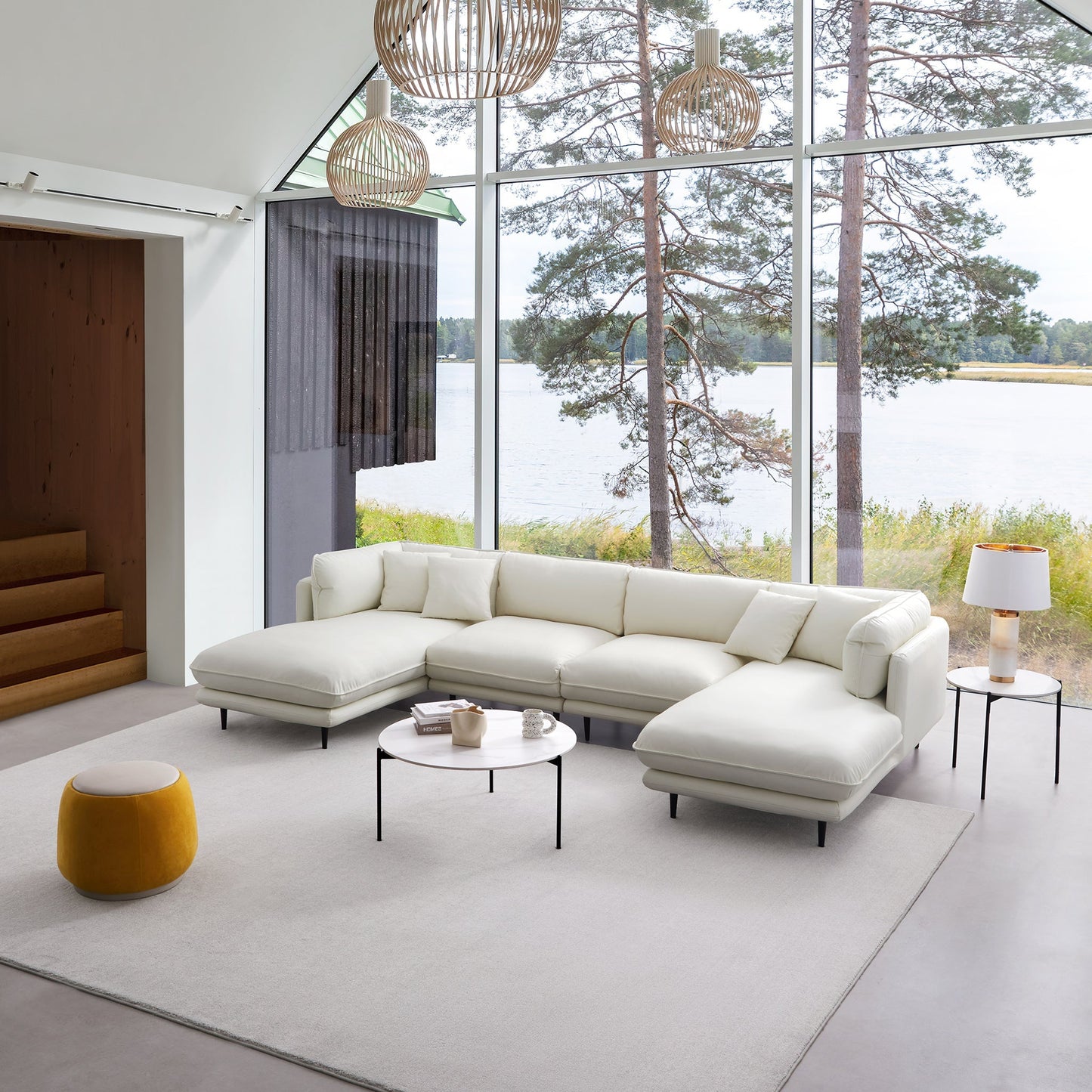 Vanilla White Leather U Shaped Sectional-White