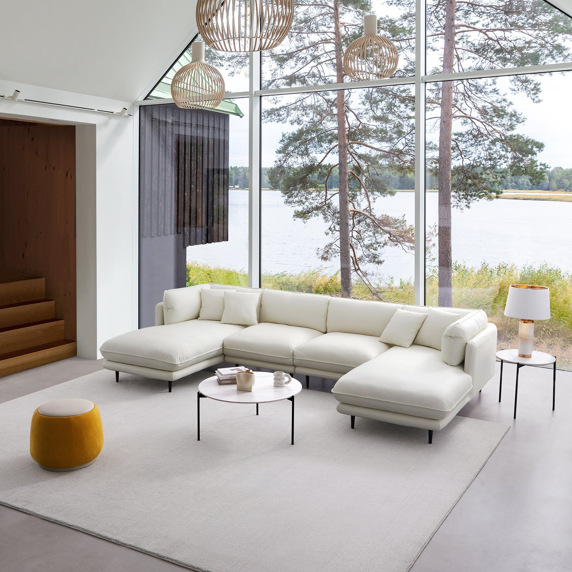 Vanilla White Leather U Shaped Sectional-White