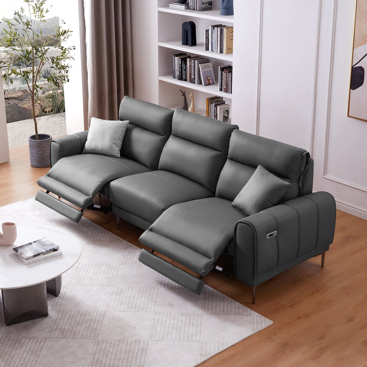Louis Gray Leather Power Recliner Sleeper Sofa-Gray