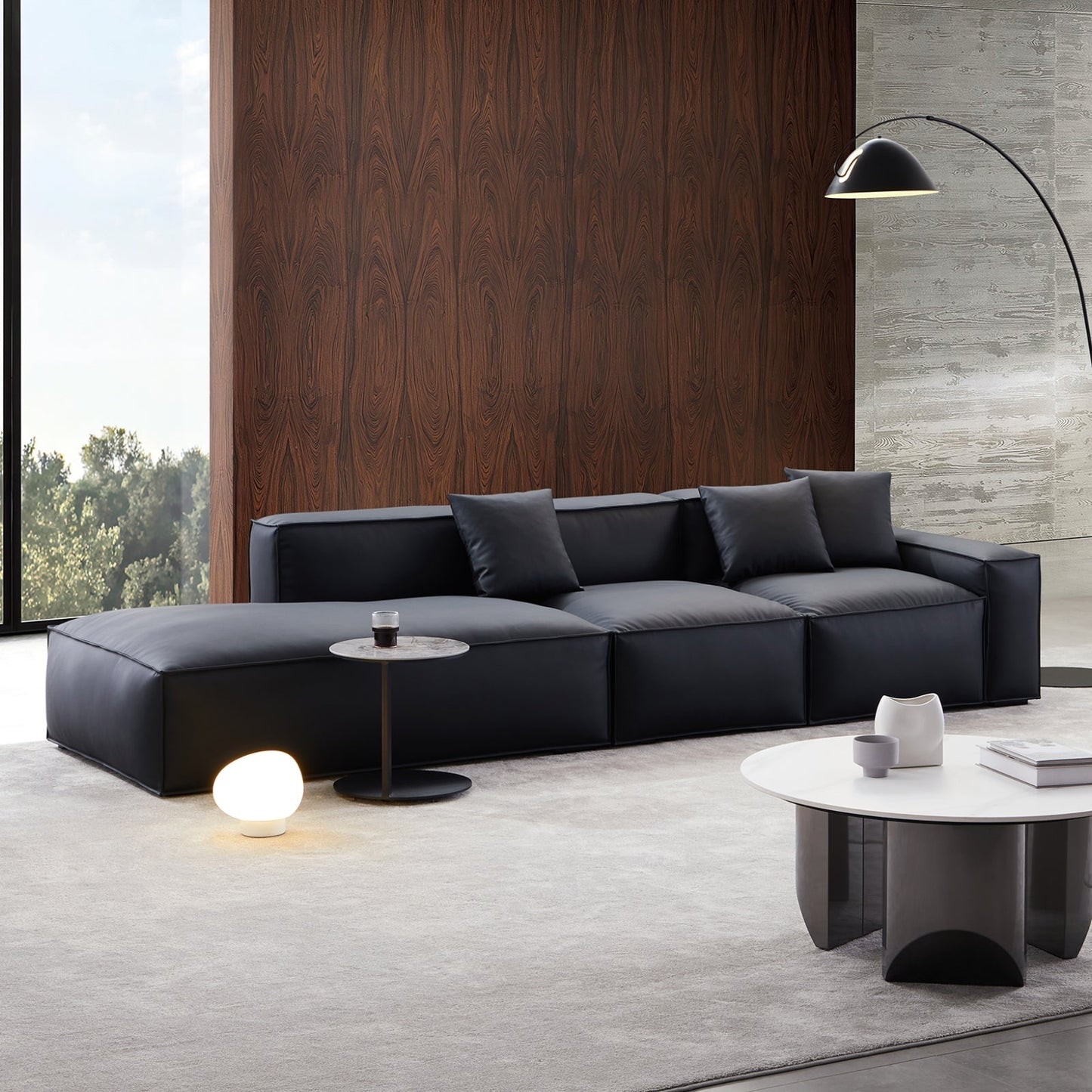 Geometry Minimalist Black Leather Sofa-Black