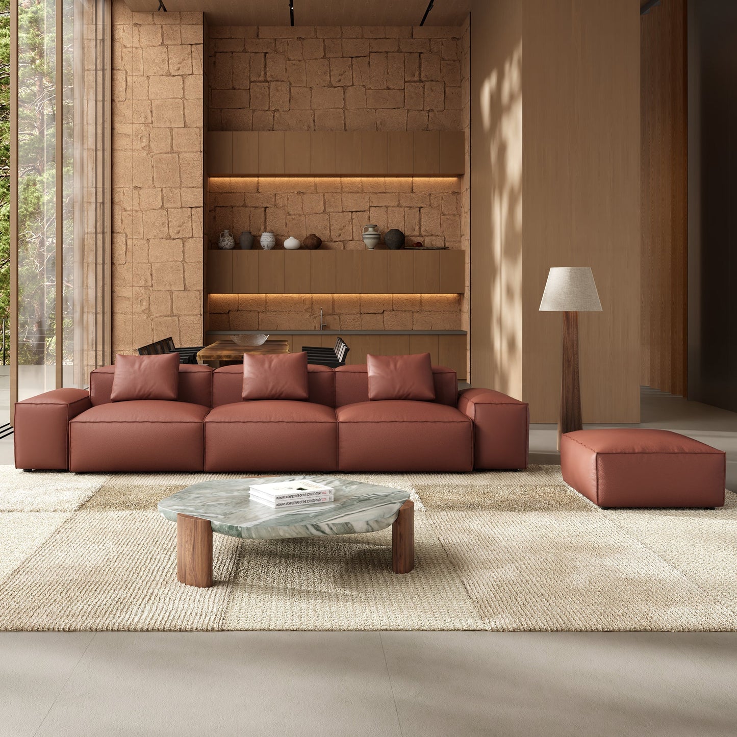Cube Modular Brown Genuine Leather Sofa with Ottoman-Brown