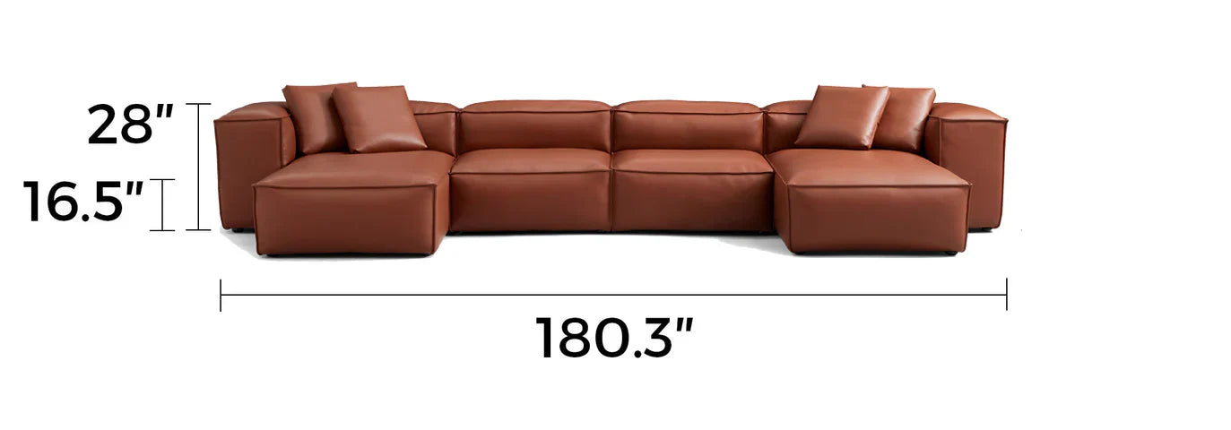 Cube Modular Brown Genuine Leather Double Chaise Sectional
