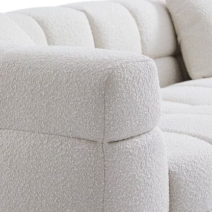 Cushy Cream Boucle Fabric Tufted Sofa With Ottoman-White