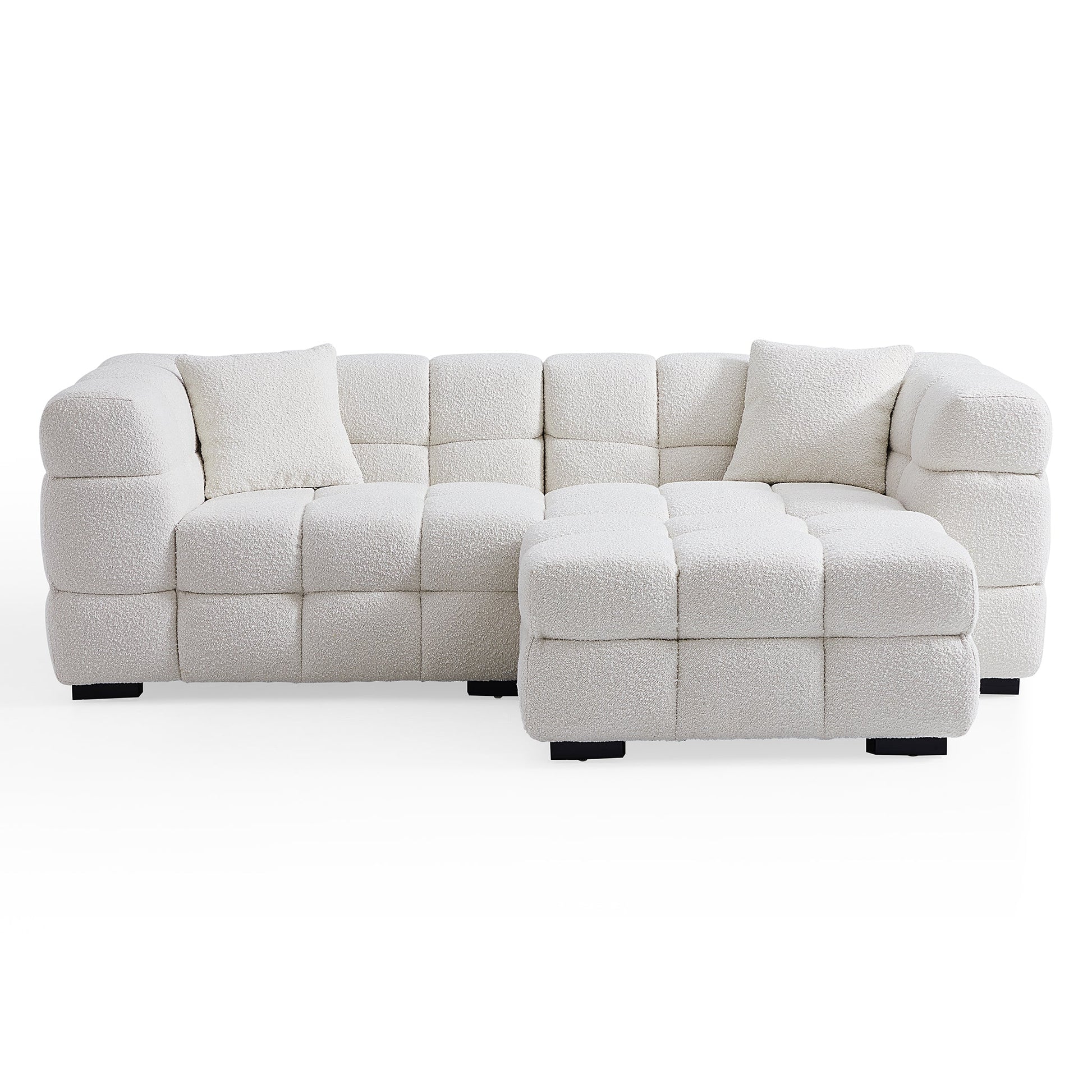 Cushy Cream Boucle Fabric Tufted Sofa With Ottoman-White