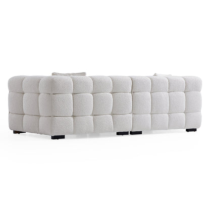 Cushy Cream Boucle Fabric Tufted Sofa With Ottoman-White