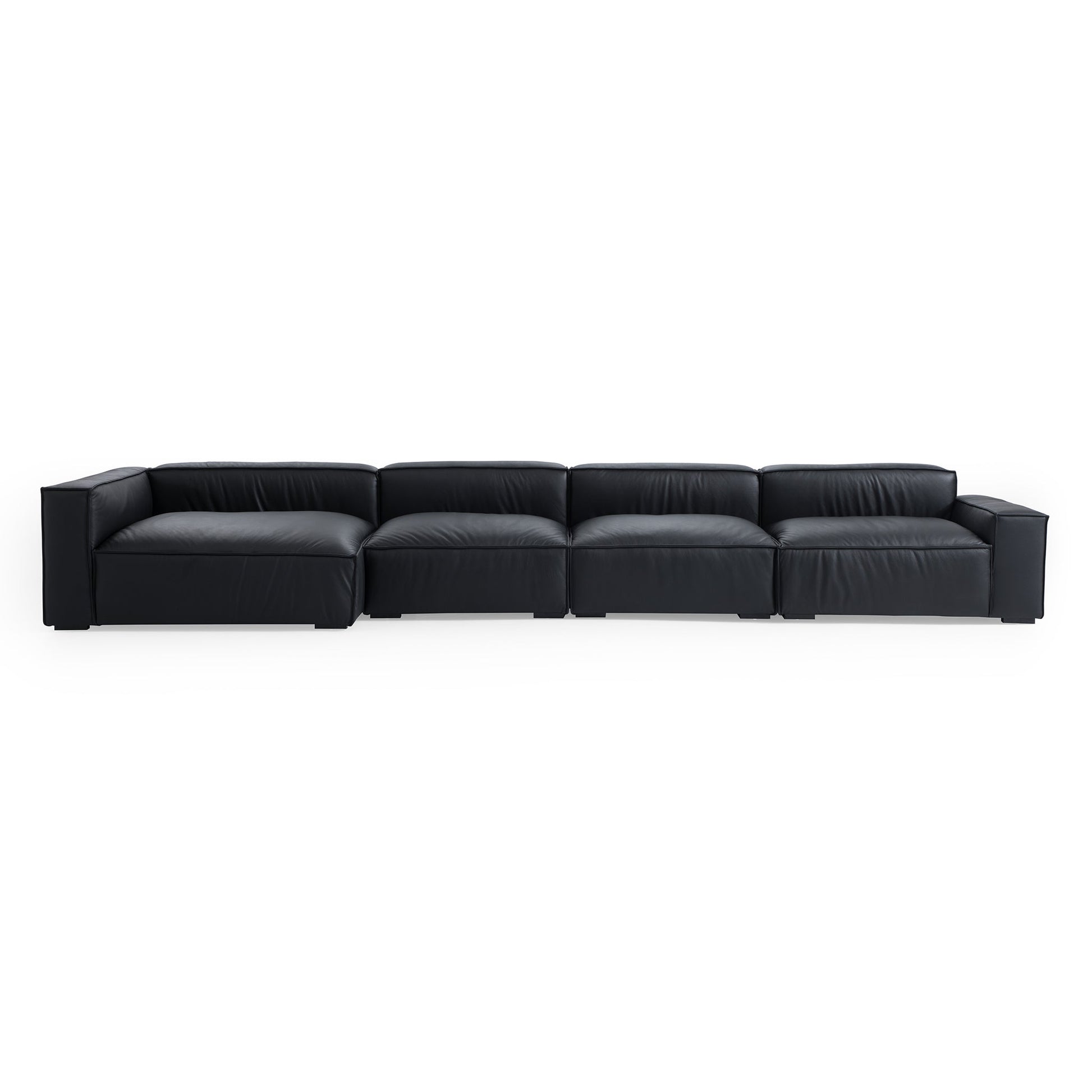 Luxury Minimalist Black Leather Sectional-Black-185.0"-Facing Left