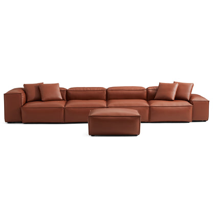 Cube Modular Brown Genuine Leather Sofa with Ottoman-Brown-180.3"-Low & High