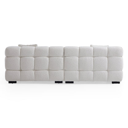 Cushy Cream Boucle Fabric Tufted Sofa With Ottoman-White