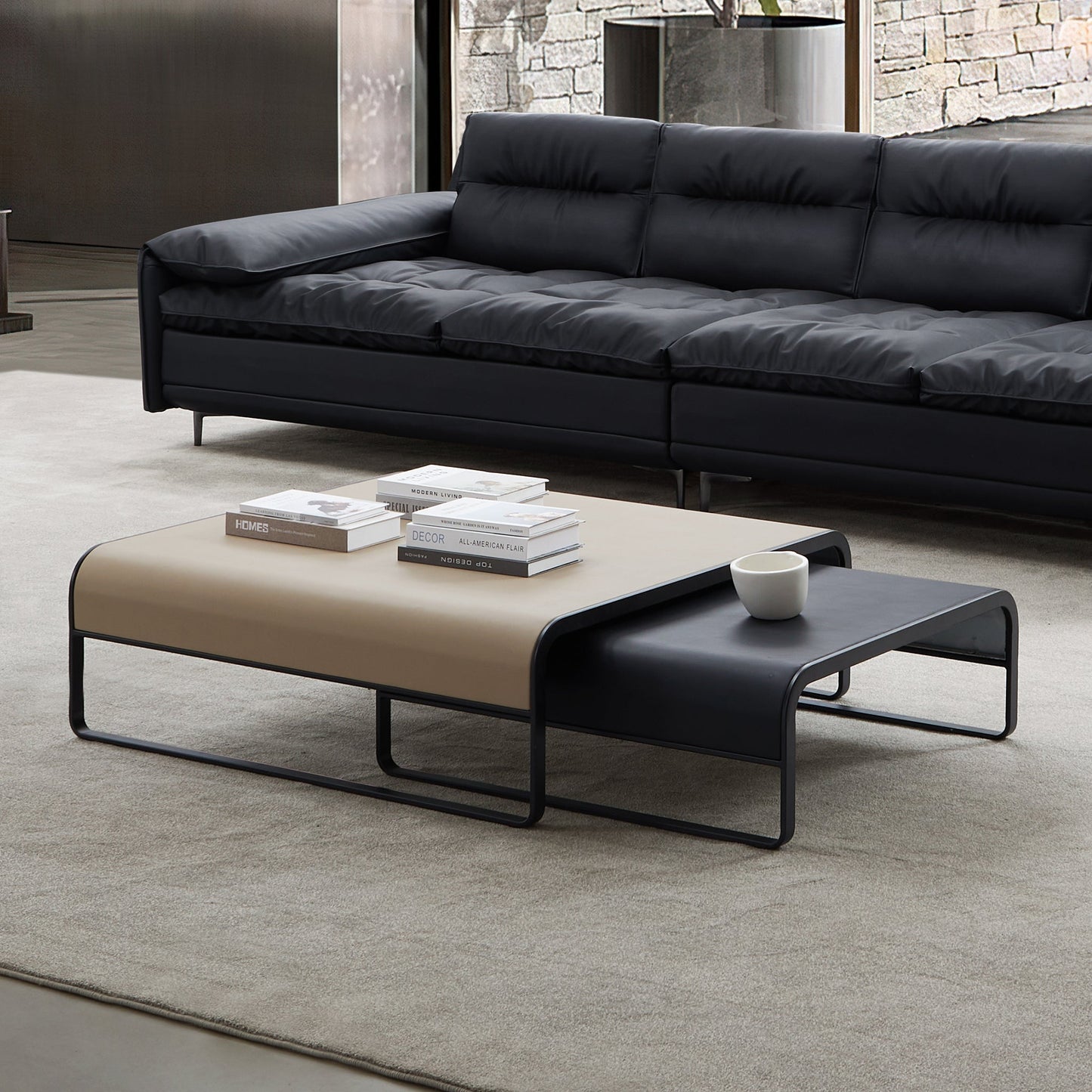 Modern Duet Coffee Table Set-39.4″ & 31.5″-Khaki & Black