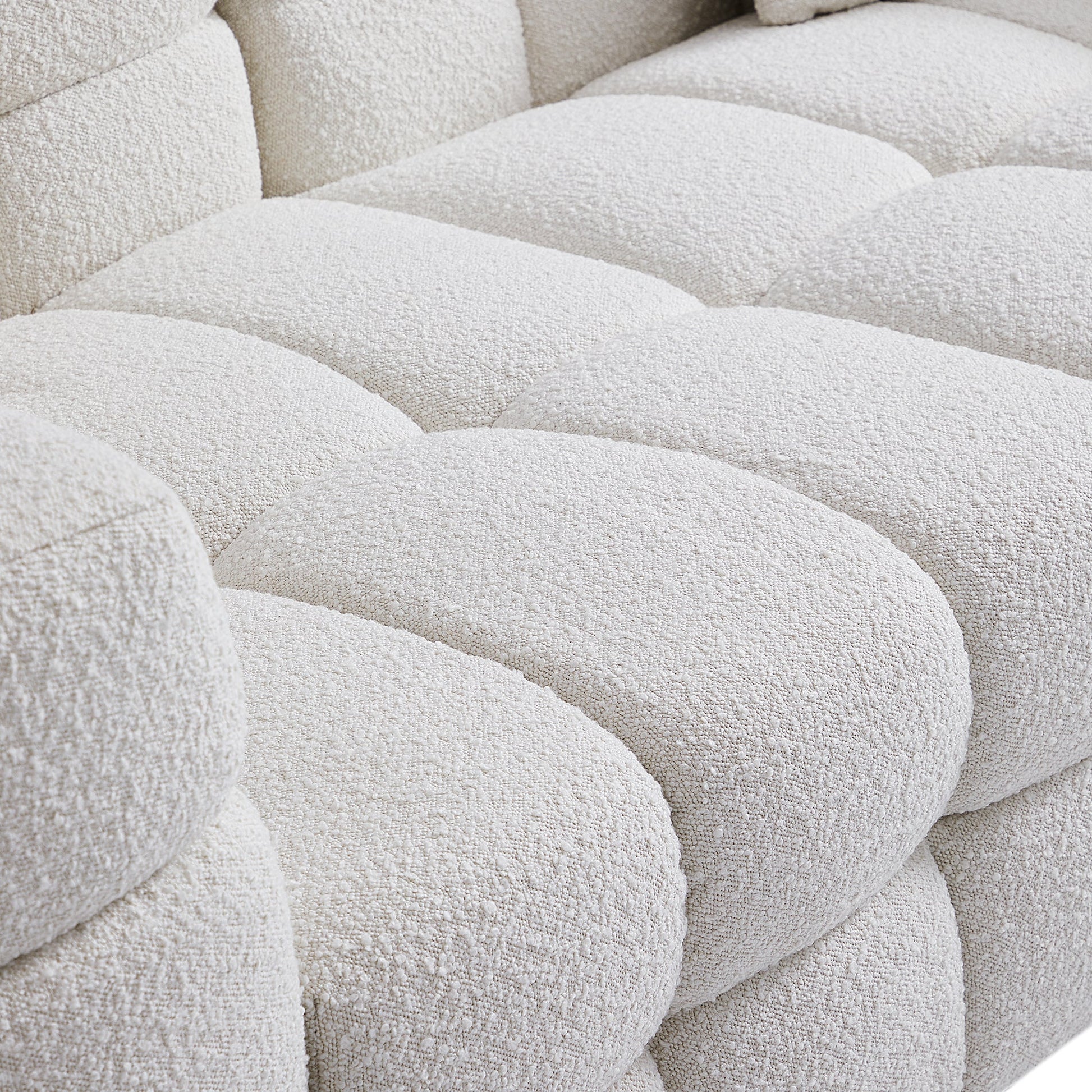 Cushy Cream Boucle Fabric Tufted Sofa With Ottoman-White