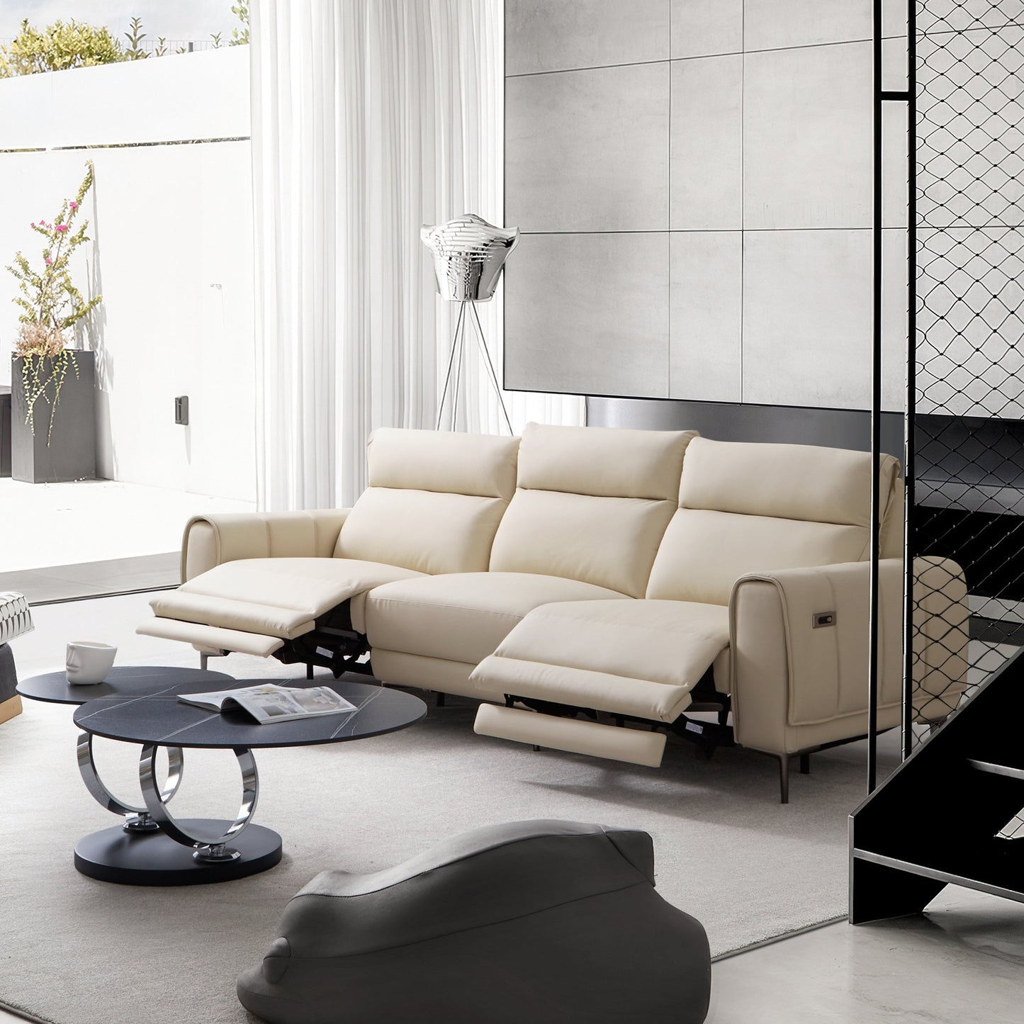 Louis Beige Leather Power Recliner Sleeper Sofa-Beige
