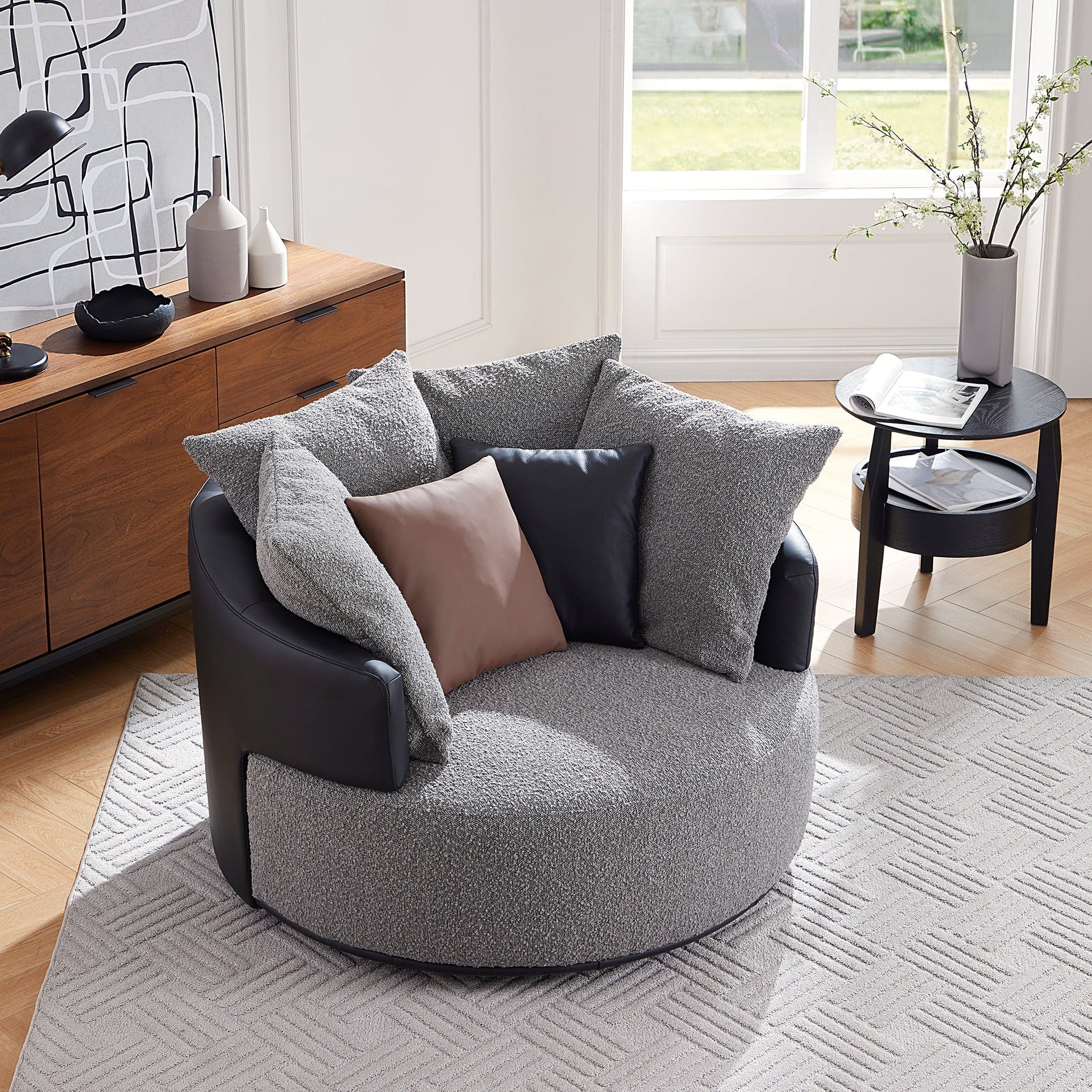 Luna Swivel Light Gray Boucle Fabric Lounge Chair-Gray