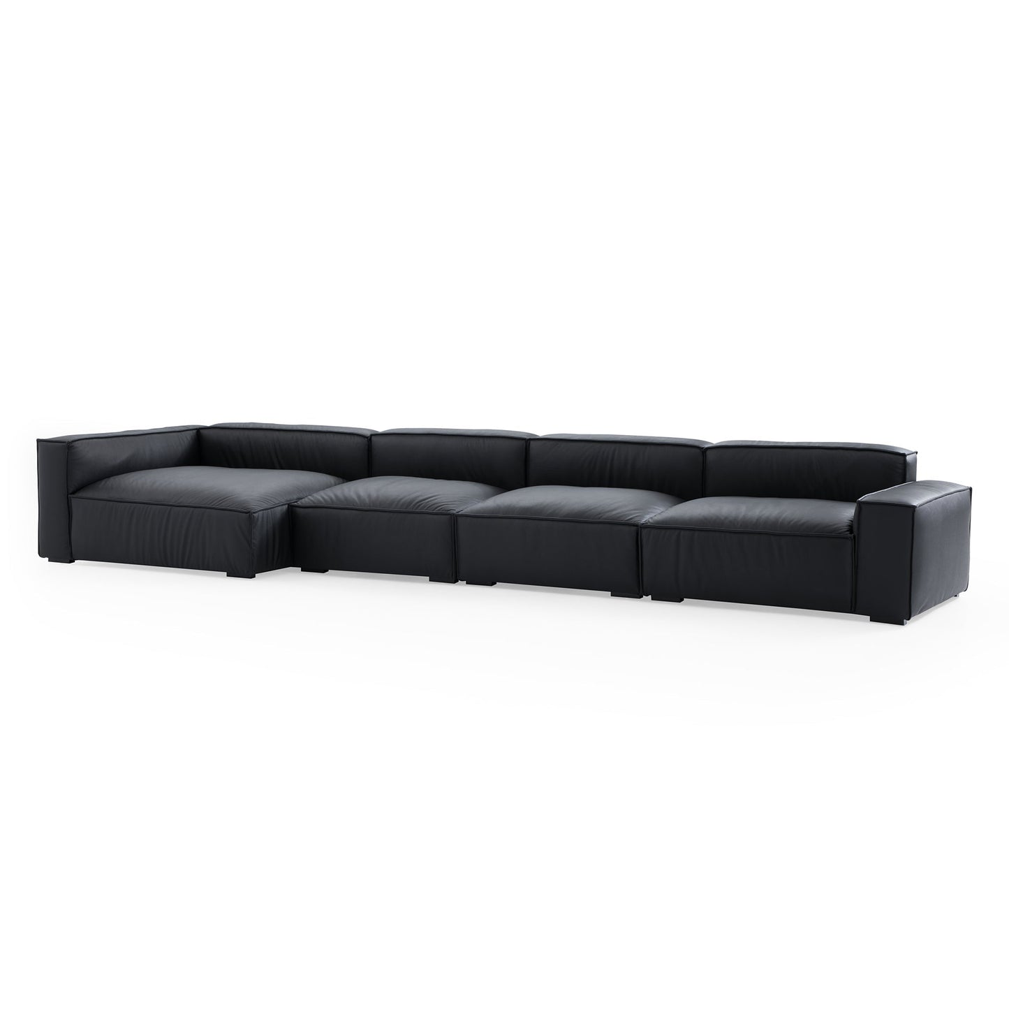 Luxury Minimalist Dark Brown Leather Sectional-Black-185.0"-Facing Left