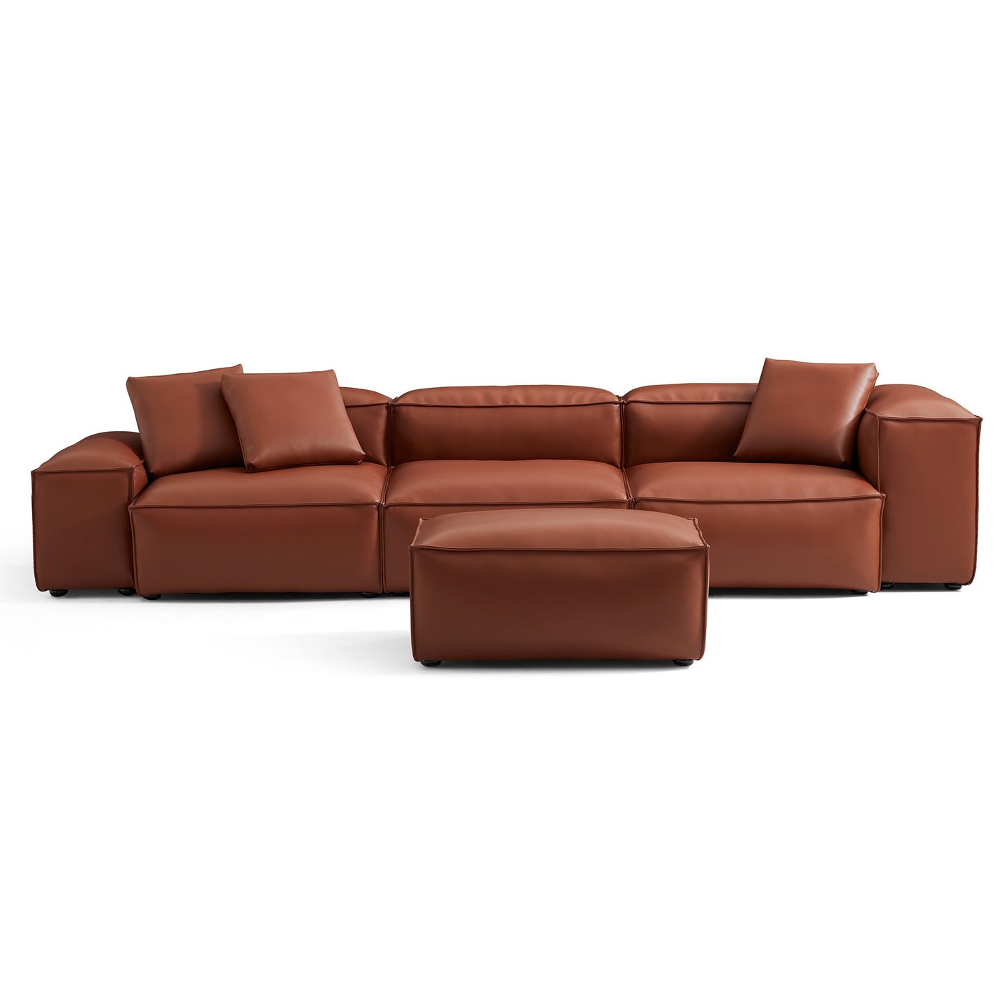 Cube Modular Brown Genuine Leather Sofa with Ottoman-Brown-142.9"-Low & High