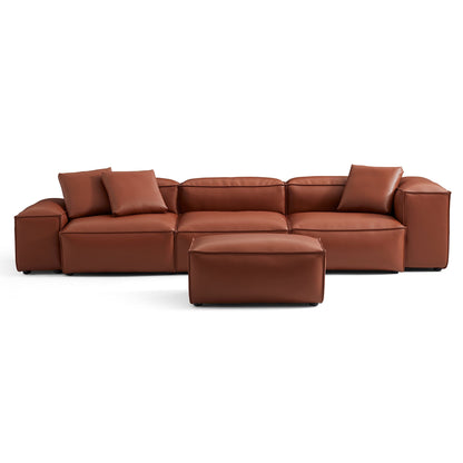 Cube Modular Brown Genuine Leather Sofa with Ottoman-Brown-142.9"-Low & High