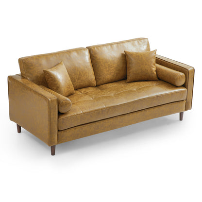 Mid-Century Modern Retro Tan Leather Loveseat-Tan-86.6″