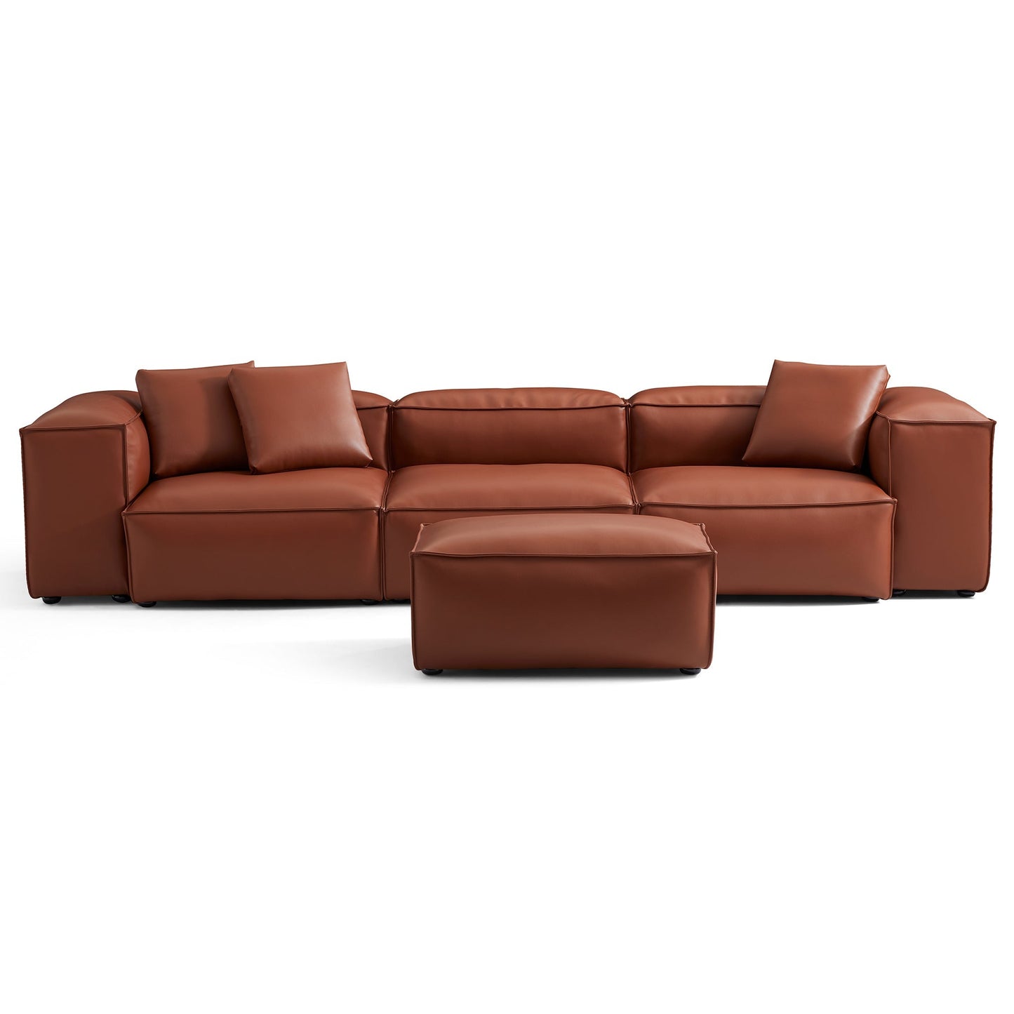 Cube Modular Brown Genuine Leather Sofa with Ottoman-Brown-142.9"-High