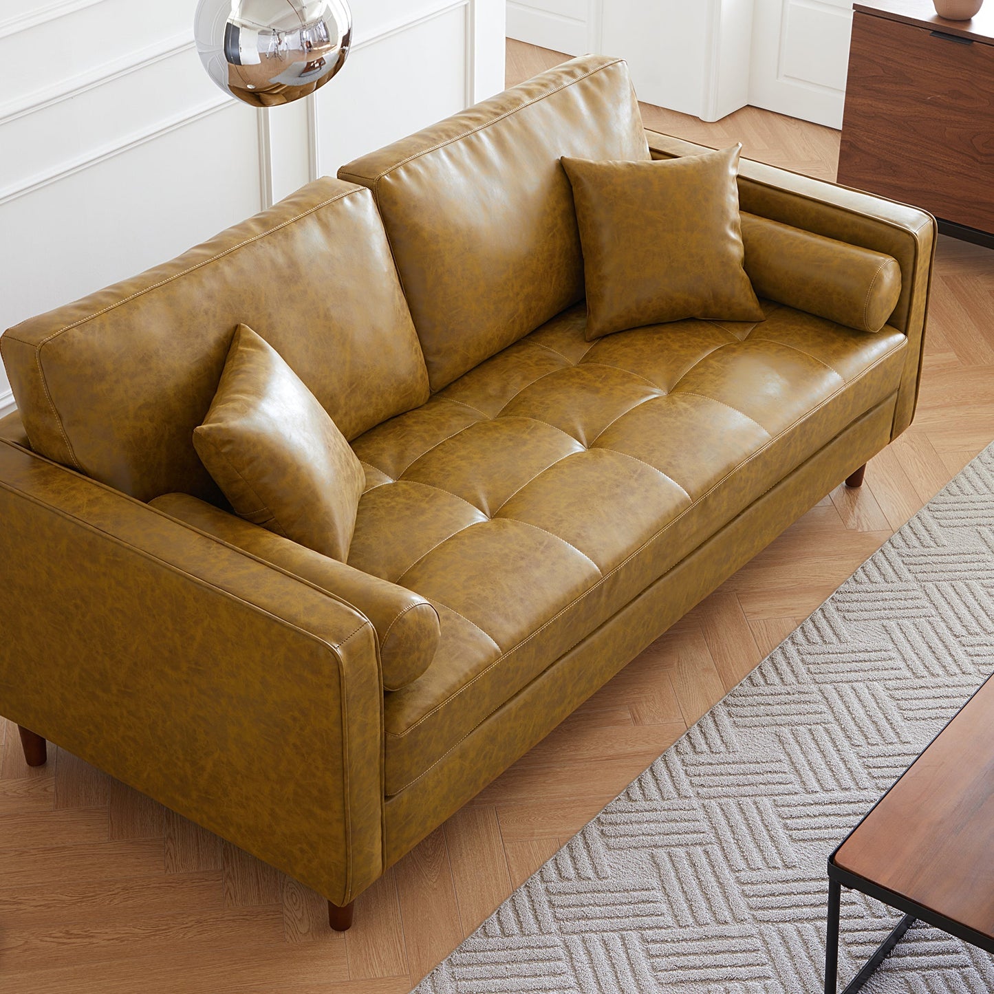 Mid-Century Modern Retro Tan Leather Loveseat-Tan-86.6″