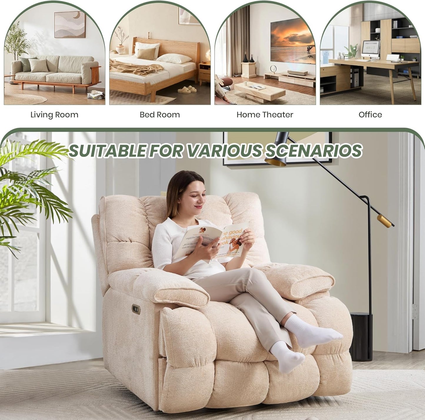 Oversized Rocker Recliner Chair 42” Power Swivel Recliner for Living Room Overstuffed Extra Wide Rocking Recliners with Breathable Soft Fabric Up to 400lbs(Manual Beige)