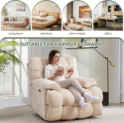 Oversized Rocker Recliner Chair 42” Power Swivel Recliner for Living Room Overstuffed Extra Wide Rocking Recliners with Breathable Soft Fabric Up to 400lbs(Manual Beige)