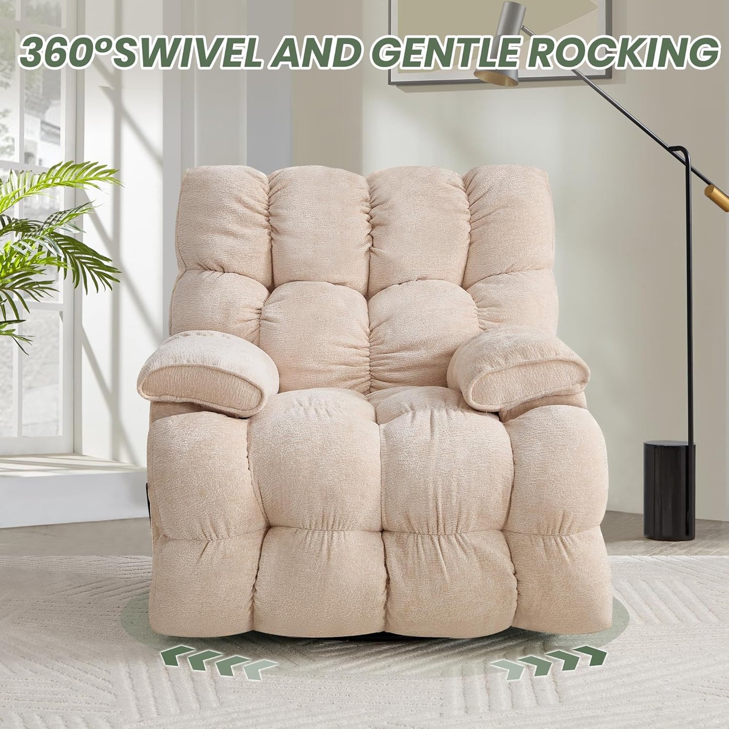 Oversized Rocker Recliner Chair 42” Power Swivel Recliner for Living Room Overstuffed Extra Wide Rocking Recliners with Breathable Soft Fabric Up to 400lbs(Manual Beige)