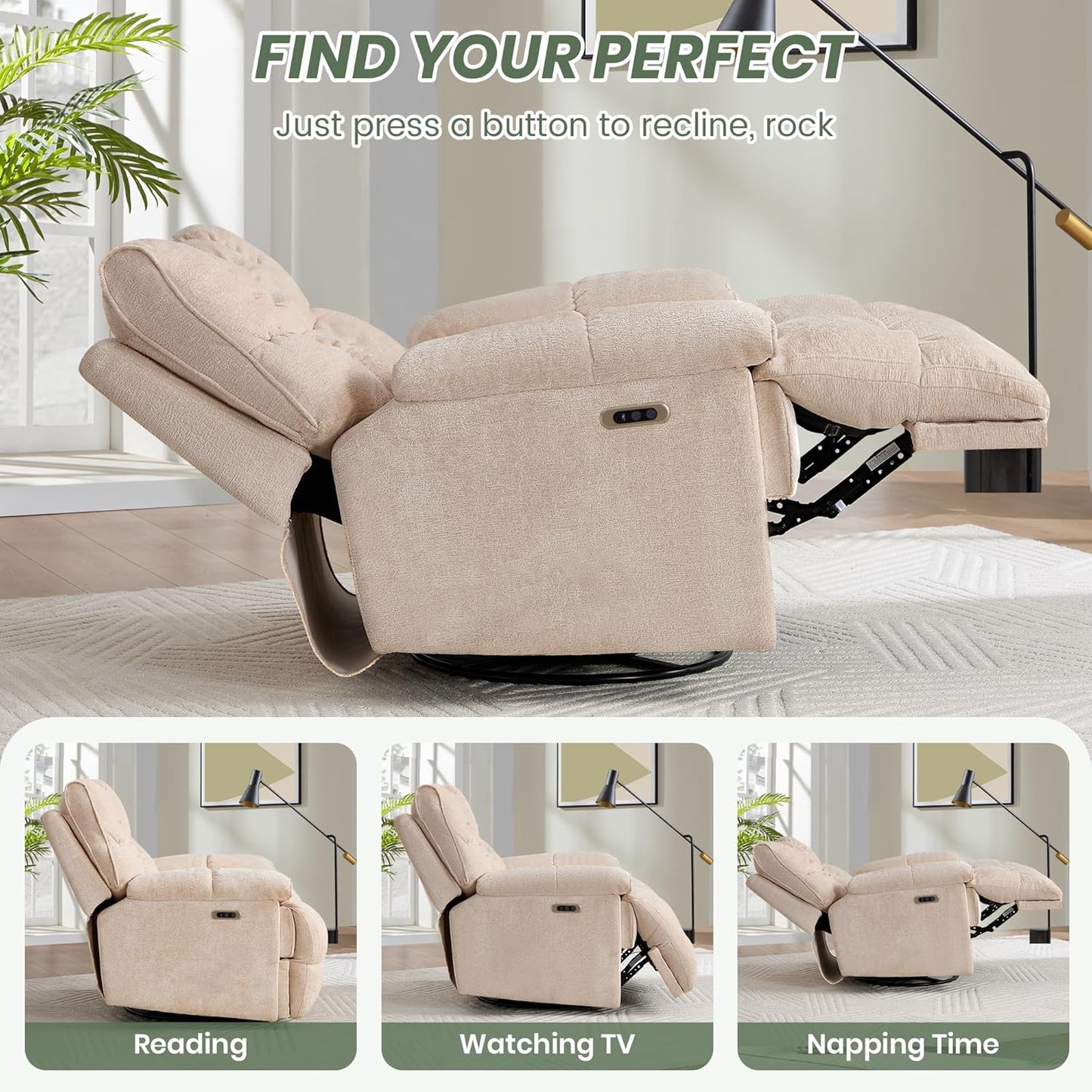 Oversized Rocker Recliner Chair 42” Power Swivel Recliner for Living Room Overstuffed Extra Wide Rocking Recliners with Breathable Soft Fabric Up to 400lbs(Manual Beige)