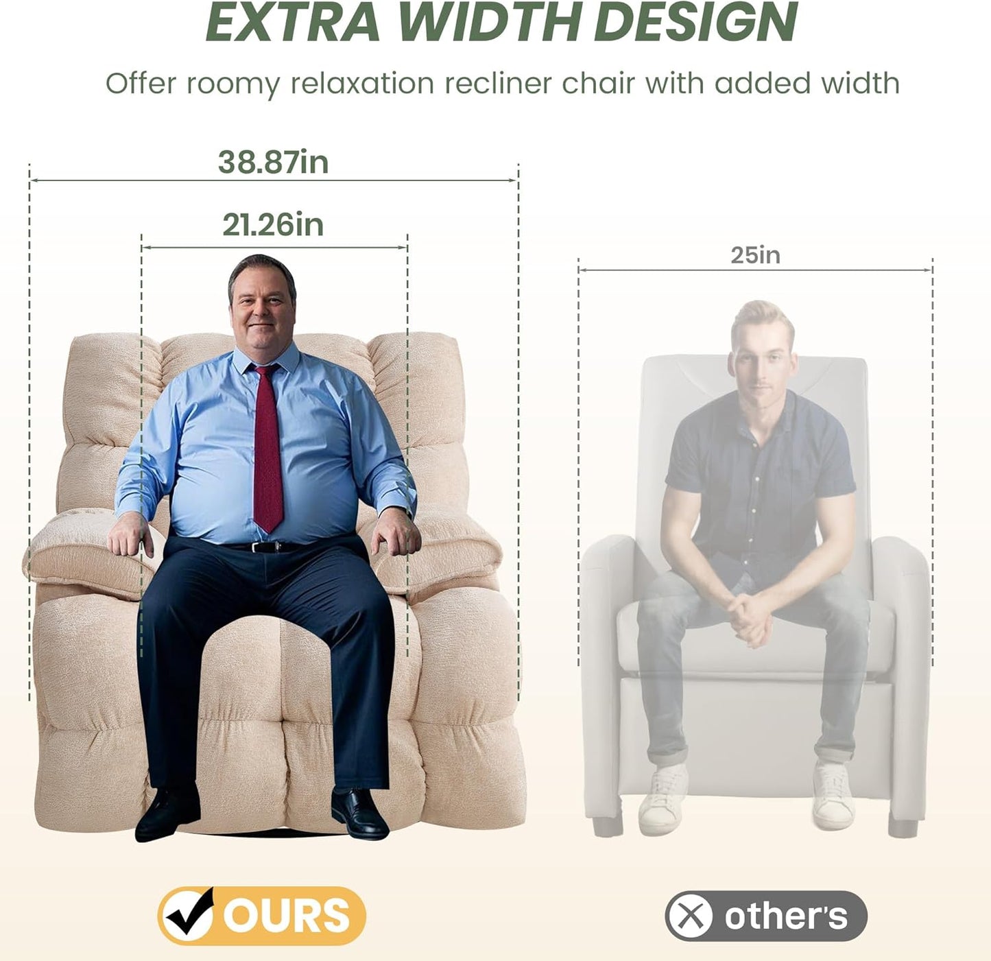 Oversized Rocker Recliner Chair 42” Power Swivel Recliner for Living Room Overstuffed Extra Wide Rocking Recliners with Breathable Soft Fabric Up to 400lbs(Manual Beige)