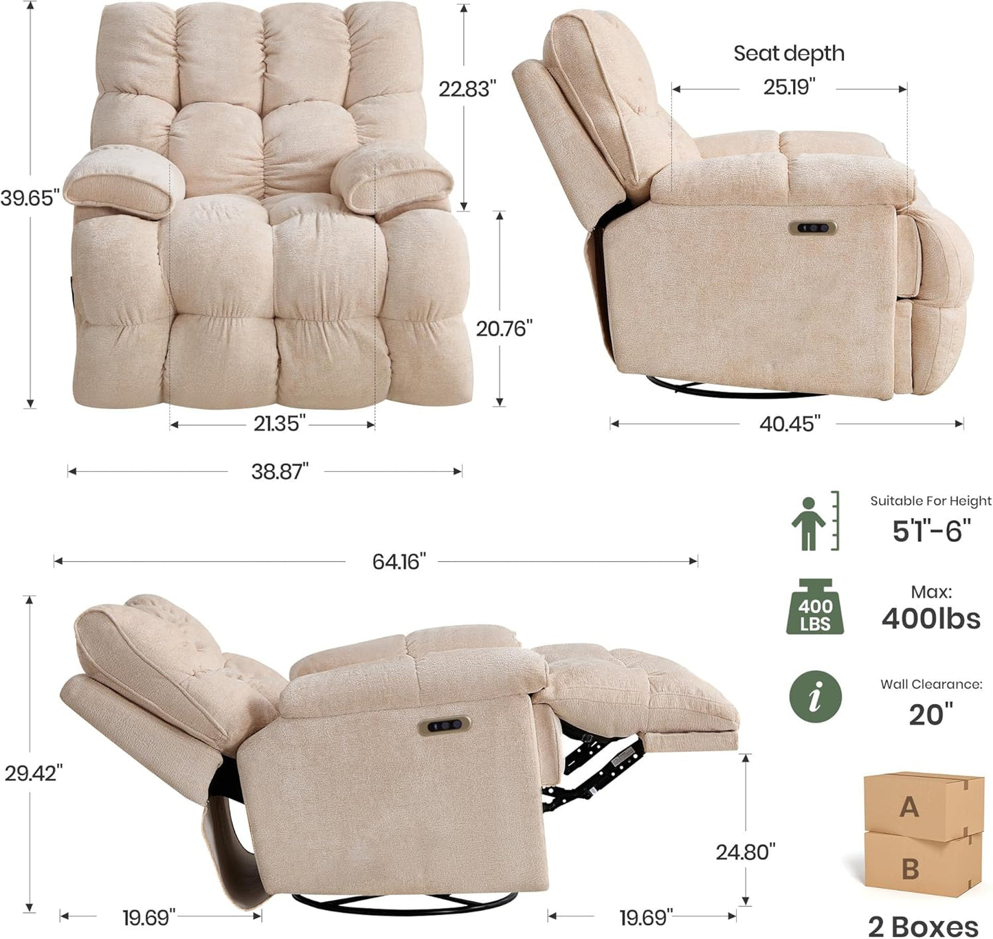 Oversized Rocker Recliner Chair 42” Power Swivel Recliner for Living Room Overstuffed Extra Wide Rocking Recliners with Breathable Soft Fabric Up to 400lbs(Manual Beige)