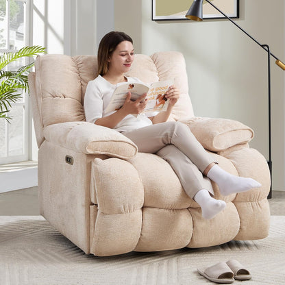 Oversized Rocker Recliner Chair 42” Power Swivel Recliner for Living Room Overstuffed Extra Wide Rocking Recliners with Breathable Soft Fabric Up to 400lbs(Manual Beige)