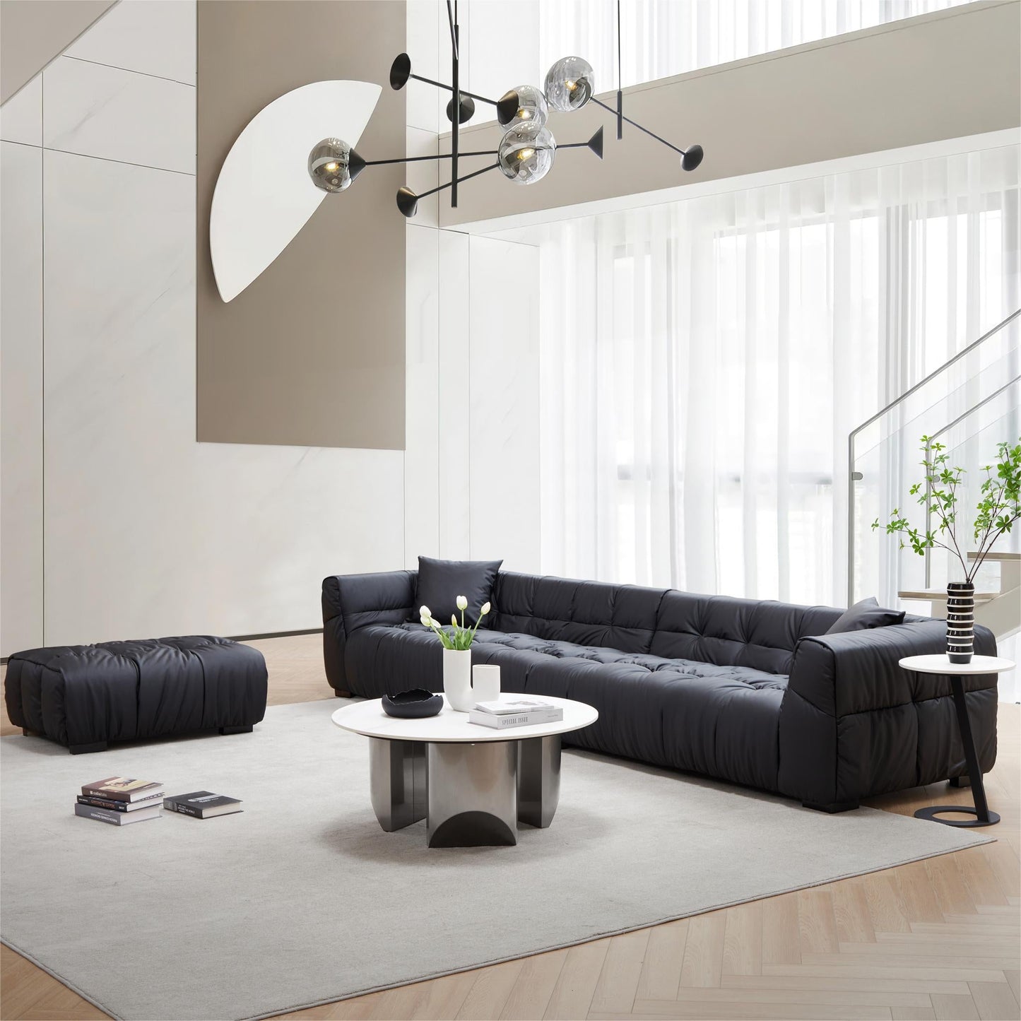 Boba Black Leathaire Sofa and Ottoman-Black