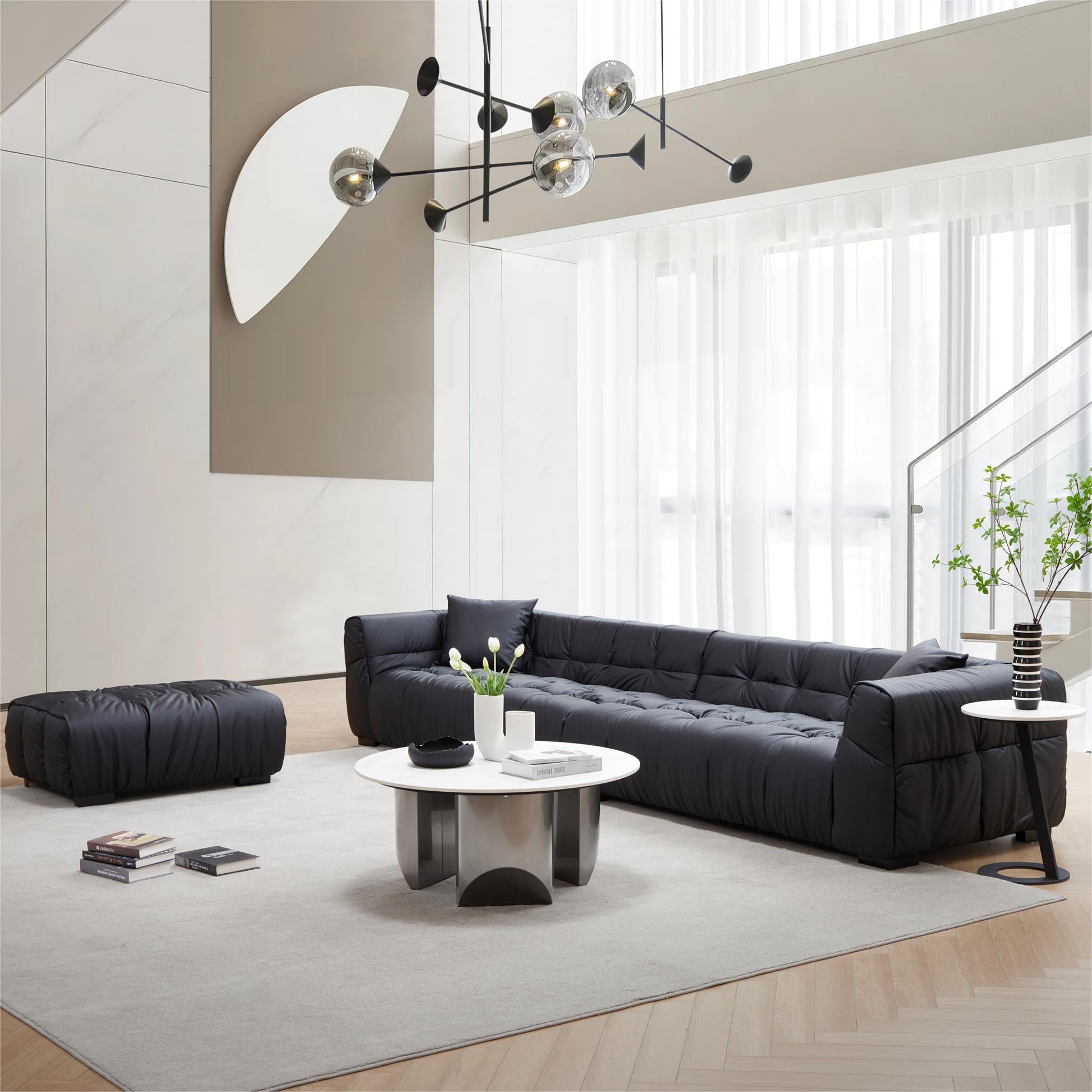 Boba Black Leathaire Sofa and Ottoman-Black