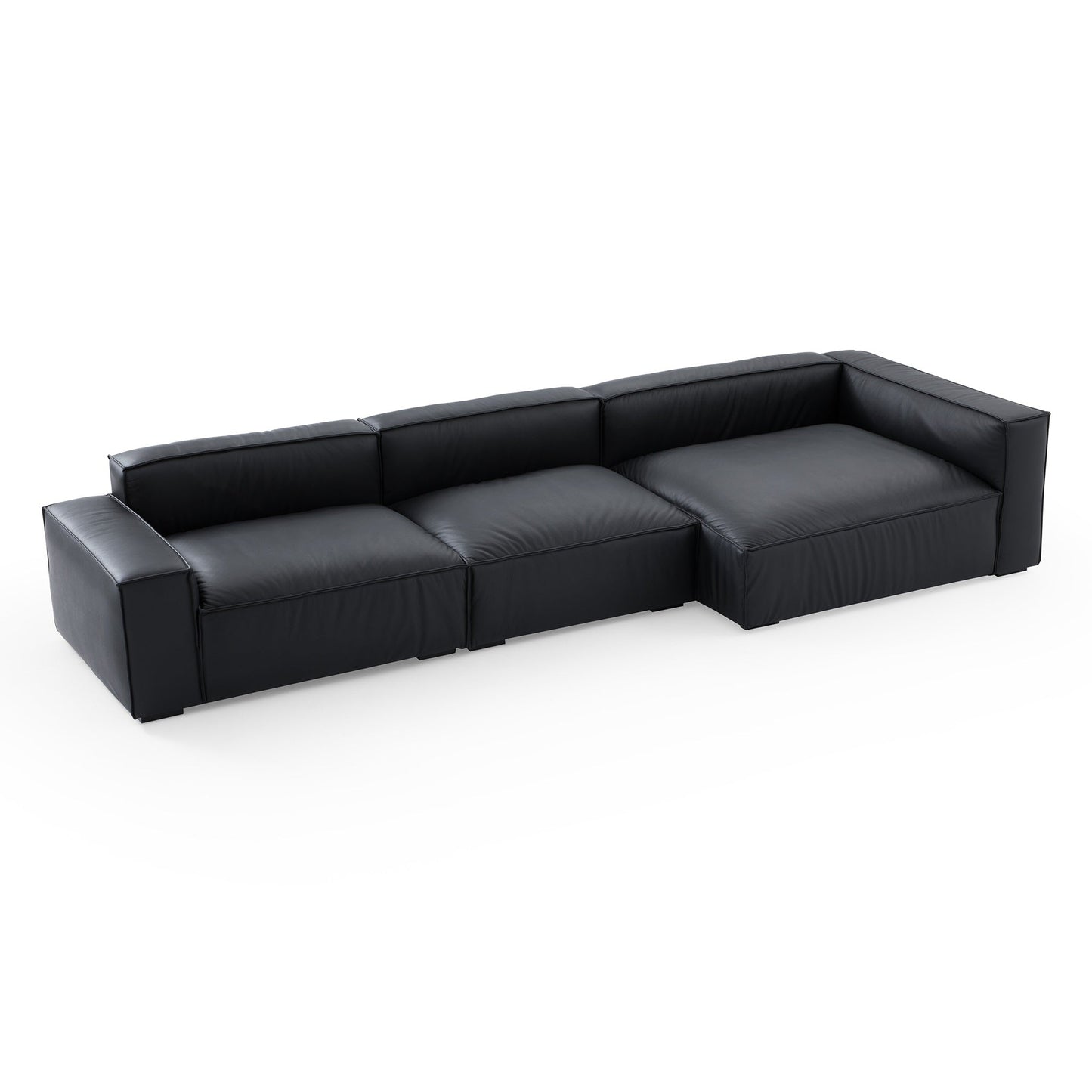 Luxury Minimalist Dark Brown Leather Sectional-Black-145.7"-Facing Right