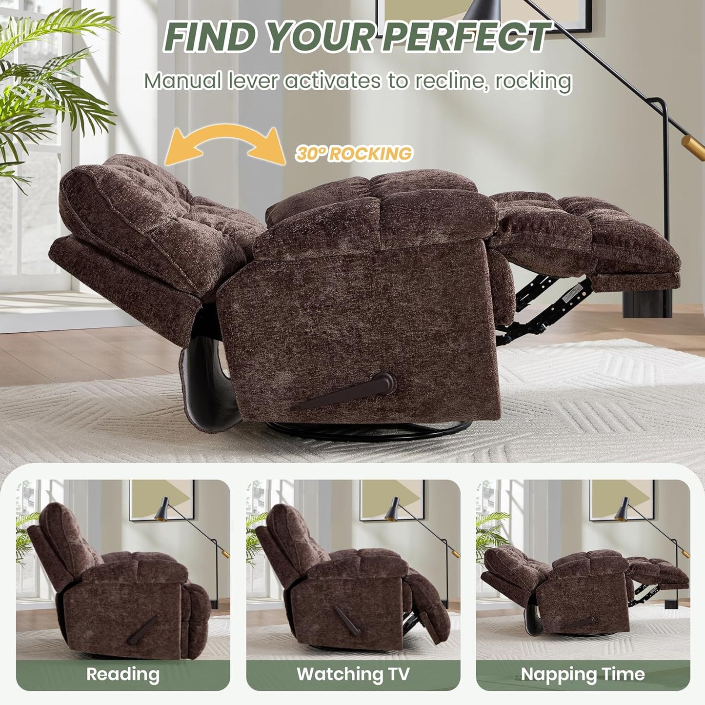 Oversized Rocker Recliner Chair 42” Power Swivel Recliner for Living Room Overstuffed Extra Wide Rocking Recliners with Breathable Soft Fabric Up to 400lbs(Manual Beige)