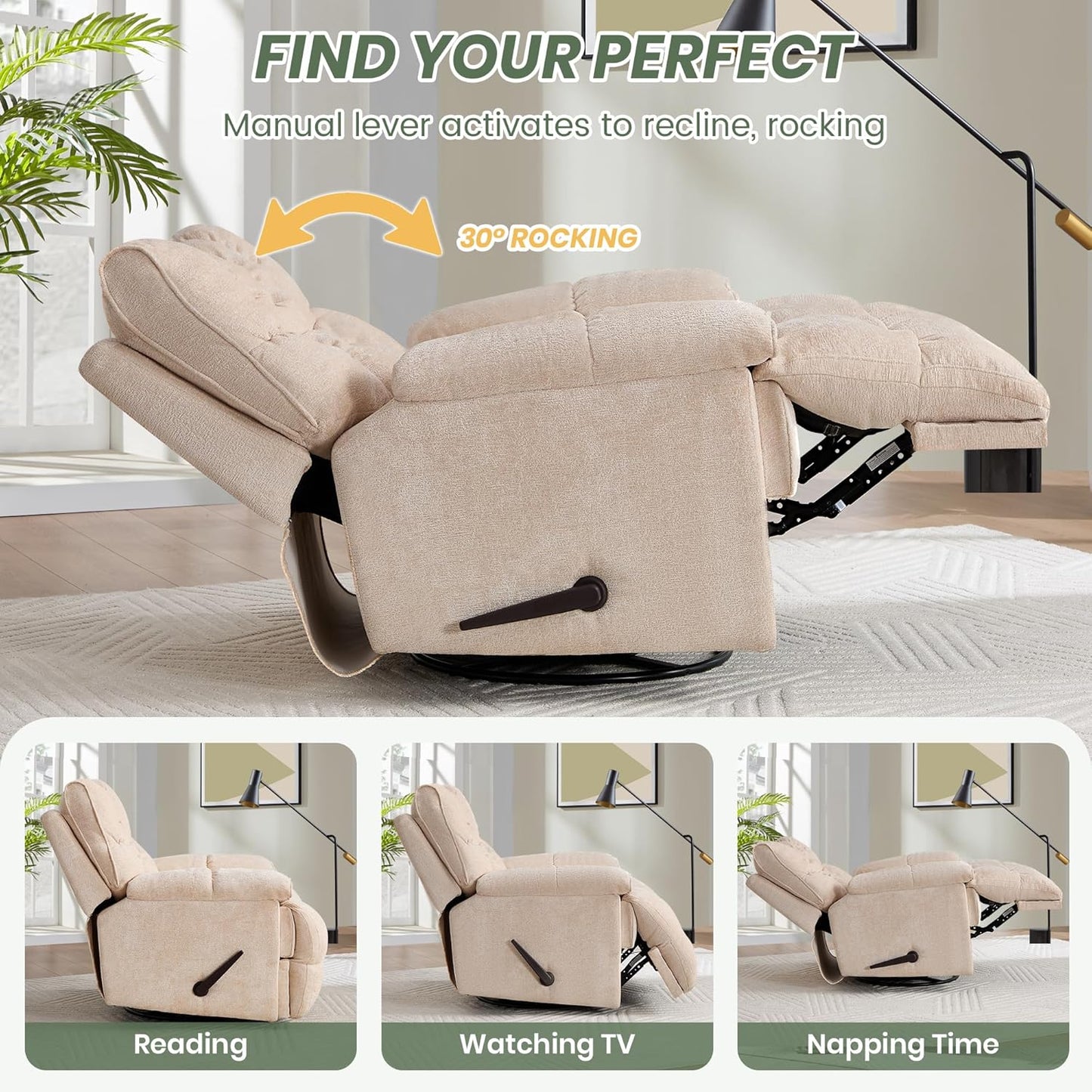 Oversized Rocker Recliner Chair 42” Power Swivel Recliner for Living Room Overstuffed Extra Wide Rocking Recliners with Breathable Soft Fabric Up to 400lbs(Manual Beige)