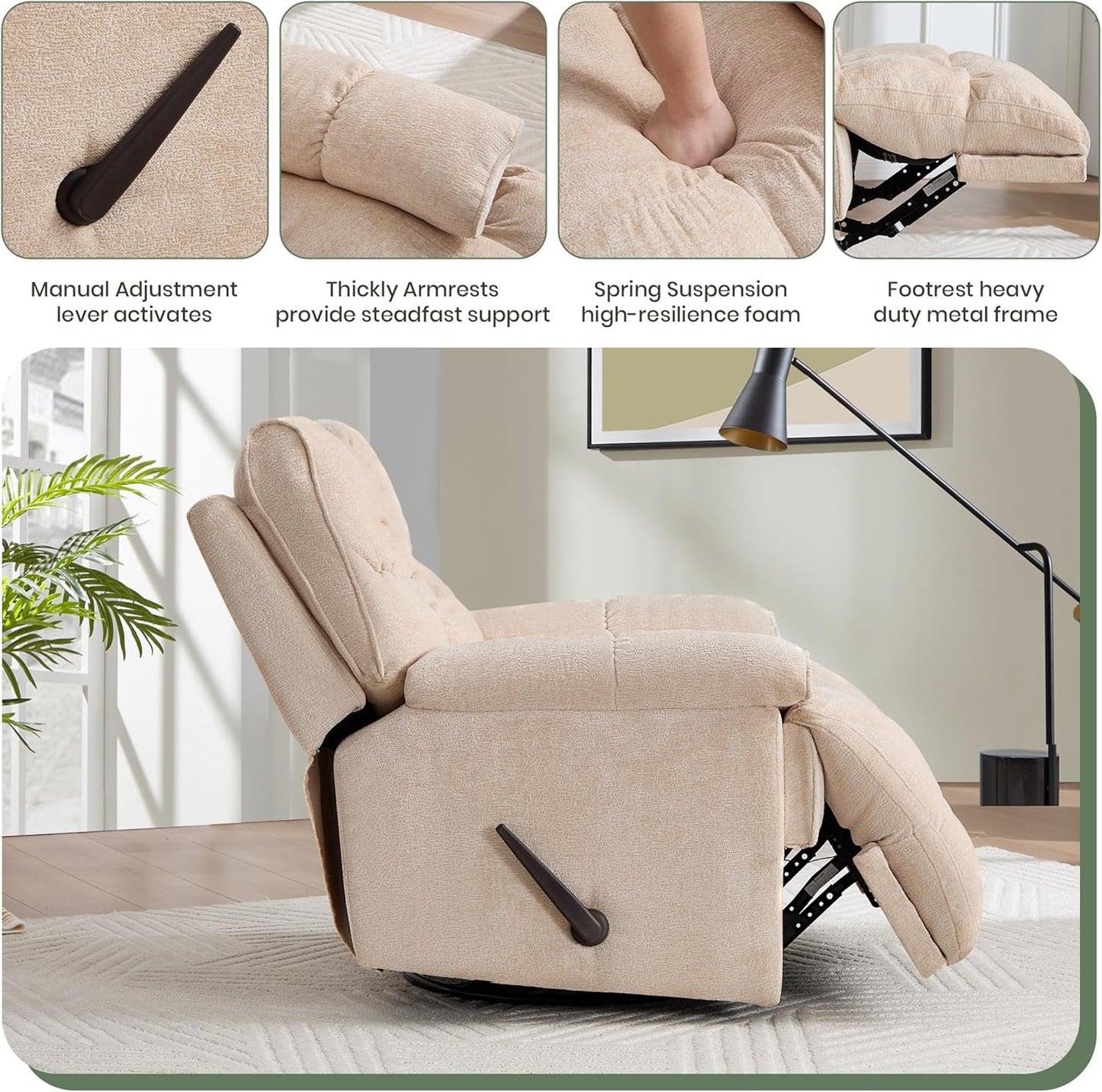Oversized Rocker Recliner Chair 42” Power Swivel Recliner for Living Room Overstuffed Extra Wide Rocking Recliners with Breathable Soft Fabric Up to 400lbs(Manual Beige)