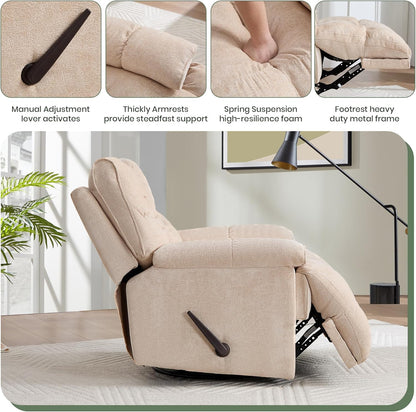 Oversized Rocker Recliner Chair 42” Power Swivel Recliner for Living Room Overstuffed Extra Wide Rocking Recliners with Breathable Soft Fabric Up to 400lbs(Manual Beige)