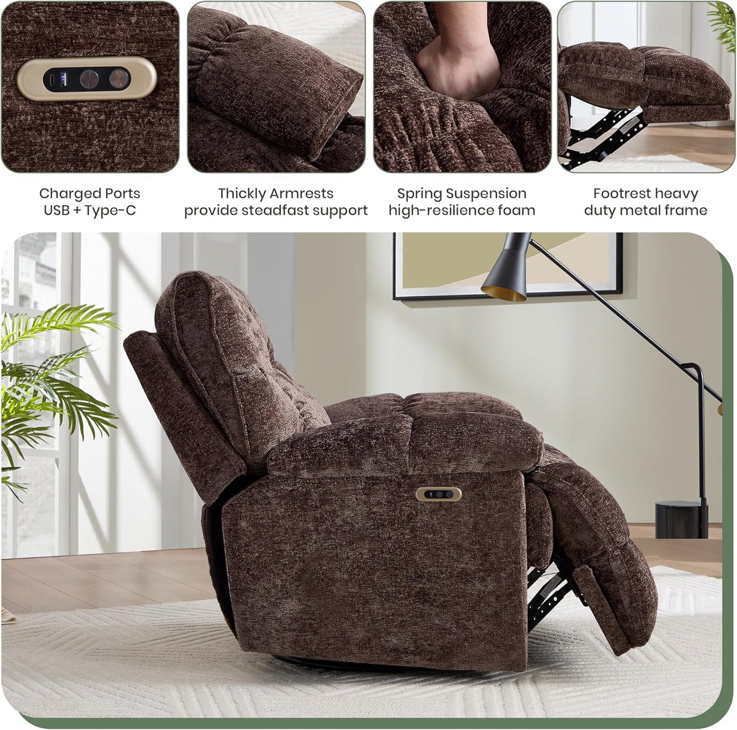 Oversized Rocker Recliner Chair 42” Power Swivel Recliner for Living Room Overstuffed Extra Wide Rocking Recliners with Breathable Soft Fabric Up to 400lbs(Manual Beige)