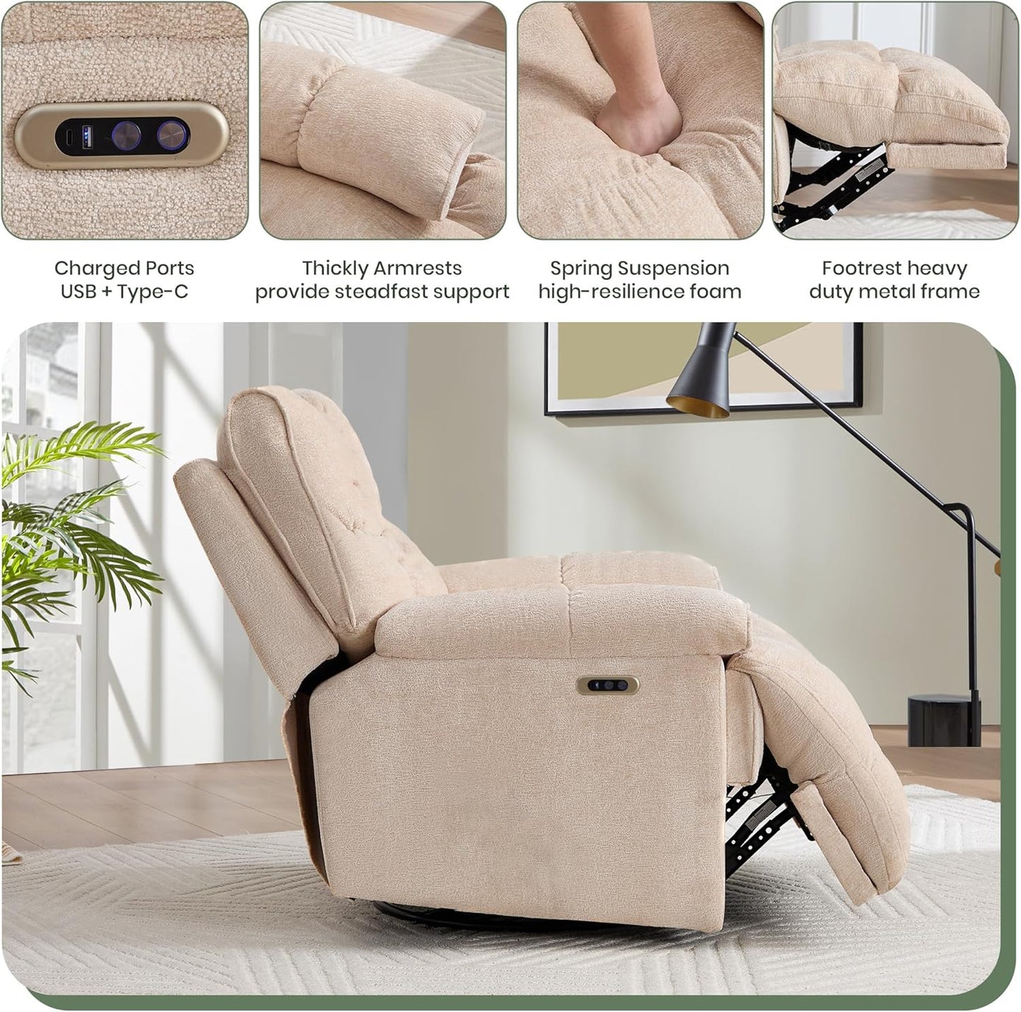 Oversized Rocker Recliner Chair 42” Power Swivel Recliner for Living Room Overstuffed Extra Wide Rocking Recliners with Breathable Soft Fabric Up to 400lbs(Manual Beige)
