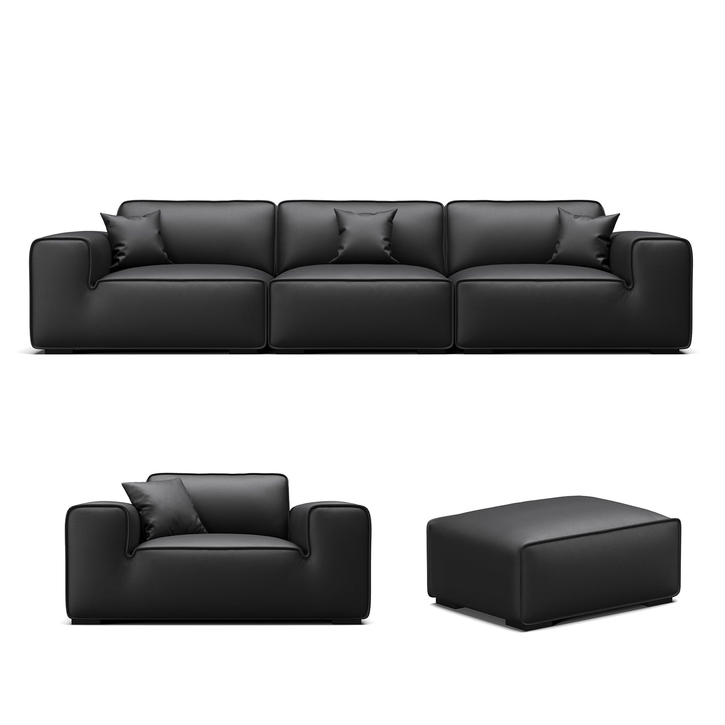 Domus Modular Black Leather Sofa Set-Black-129.9″