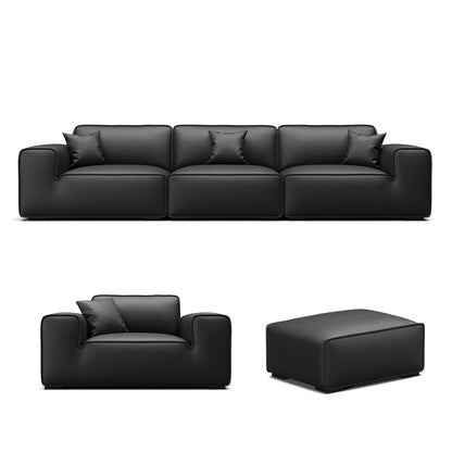 Domus Modular Black Leather Sofa Set-Black-129.9″